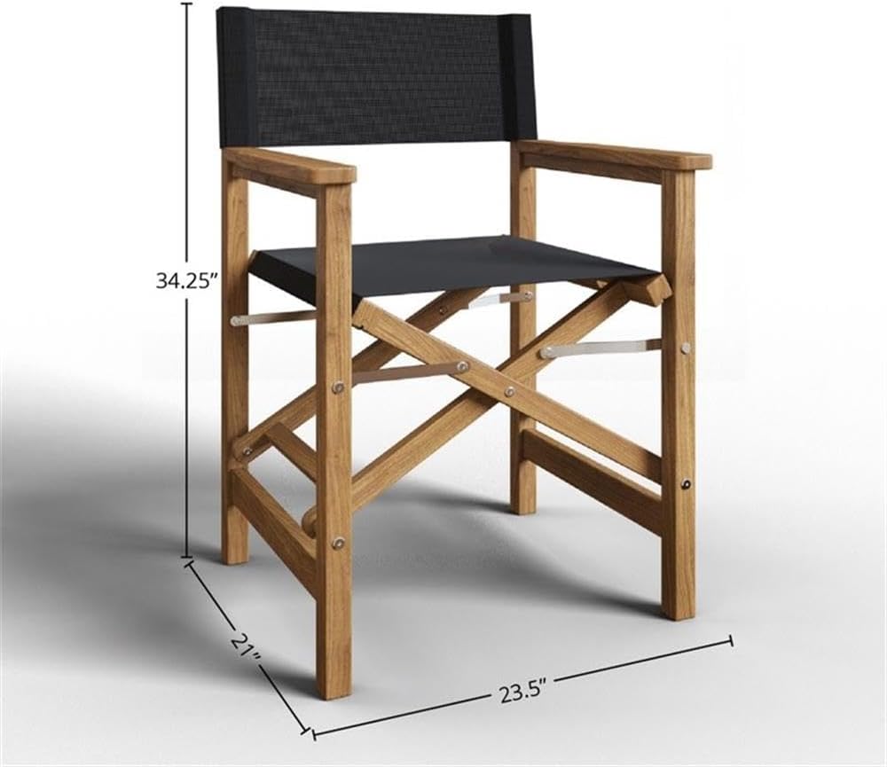 Pemberly Row Modern Teak Folding Outdoor Armchair, Black Finish, Premium Teak Frame, Weather-Resistant Sling Seat, Hand-Sanded Durable Design, Ideal for Balcony, Patio, Poolside, or Outdoor Seating
