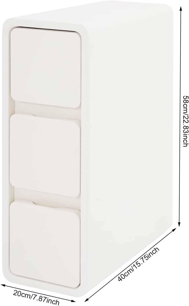 3 Tier Narrow Nightstand,Modern Bedside Table with Drawers,Sofa Side Table Table with Storage for Small Spaces,Bedroom,Living Room,White