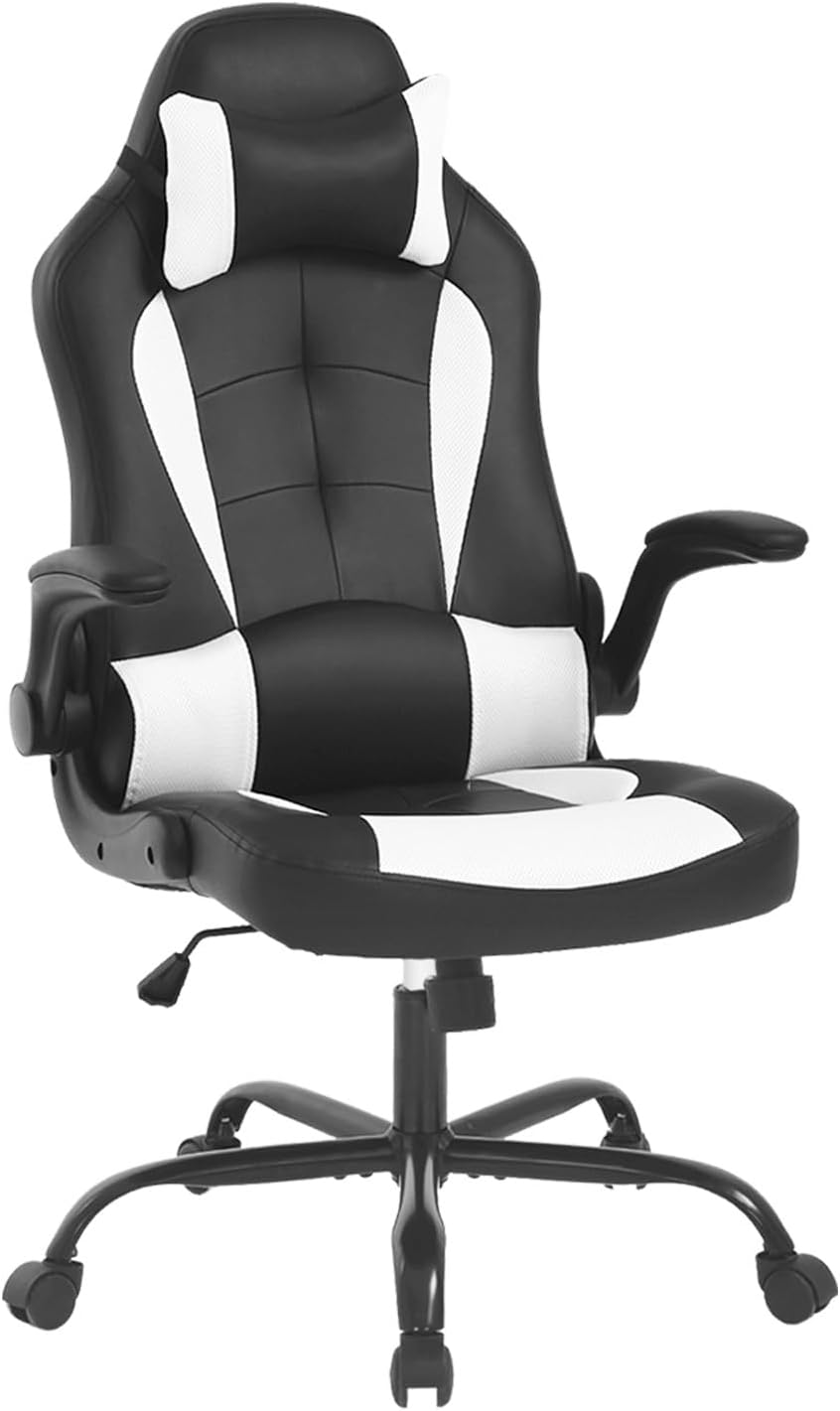 Dopinmin Gaming Chair Racing Computer Chair PU Leather Game Chair Desk Chair with Lumbar Support Flip Up Arms Headrest High Back Swivel Rolling Adjustable Ergonomic Office Chair, White