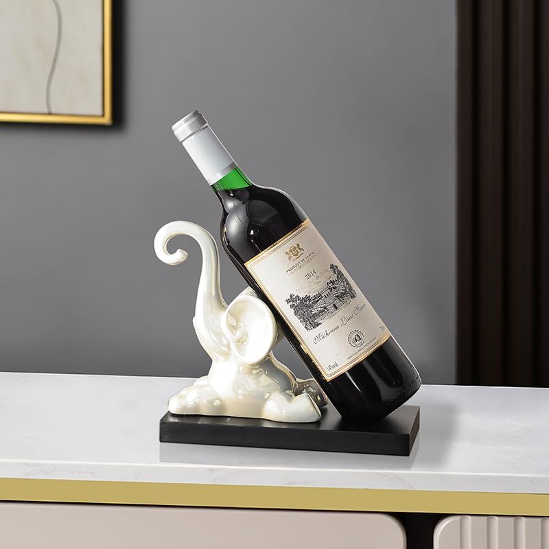 ELEGANTZ Modern Wine Bottle Holder – Decorative Elephant Design with Chrome Finish – Single Bottle Display Stand for Countertop, Bar, or Dining Table – Elegant Wine Rack with Black Base