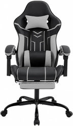 Gaming Desk Chair for Adults, Ergonomic Gaming Chair with Footrest & Headrest and Lumbar Support, Leather Material Height Adjustable Computer Video Game Chairs (Black+Gray)