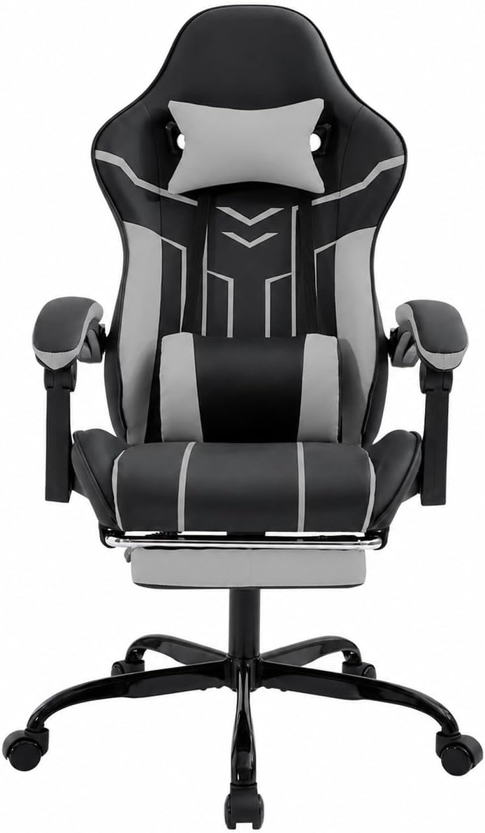Gaming Desk Chair for Adults, Ergonomic Gaming Chair with Footrest & Headrest and Lumbar Support, Leather Material Height Adjustable Computer Video Game Chairs (Black+Gray)