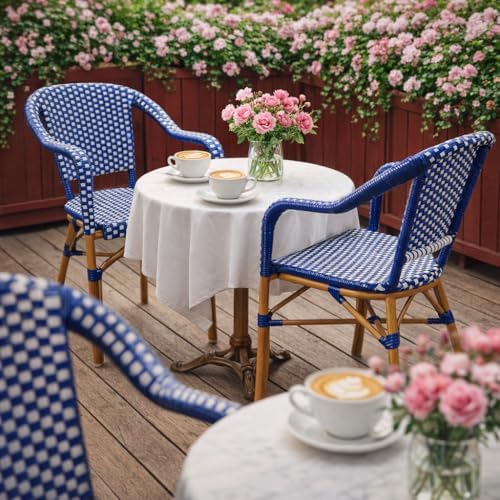 PURPLE LEAF Bistro Chairs Set of 2 French Hand-Woven Wicker Armchairs Outdoor Dining Chairs for Patio Porch Garden Indoor Bamboo Print Finish Deep Blue