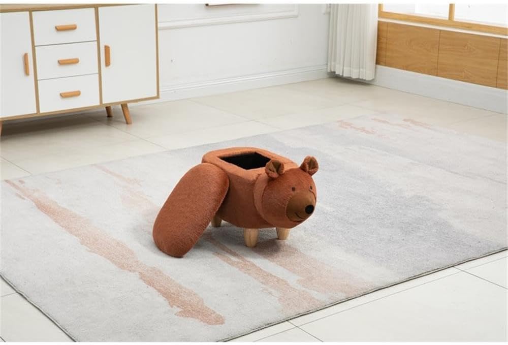 Pemberly Row Modern Fabric Bear Storage Ottoman, Soft Fur-Like Fabric, Brown/Natural Finish, Solid Wood Legs, Hidden Storage, 14.17" H x 13.8" W x 24.8" D, Living Room, Kids' Room, Playroom Accent