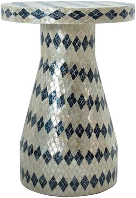 MAKLAINE Transitional Shell Side Table, Cream and Blue Checkered Design, Hand-Inlaid Natural Seashells, MDF Construction, Fully Assembled Accent Table for Living Room or Bedroom Decor