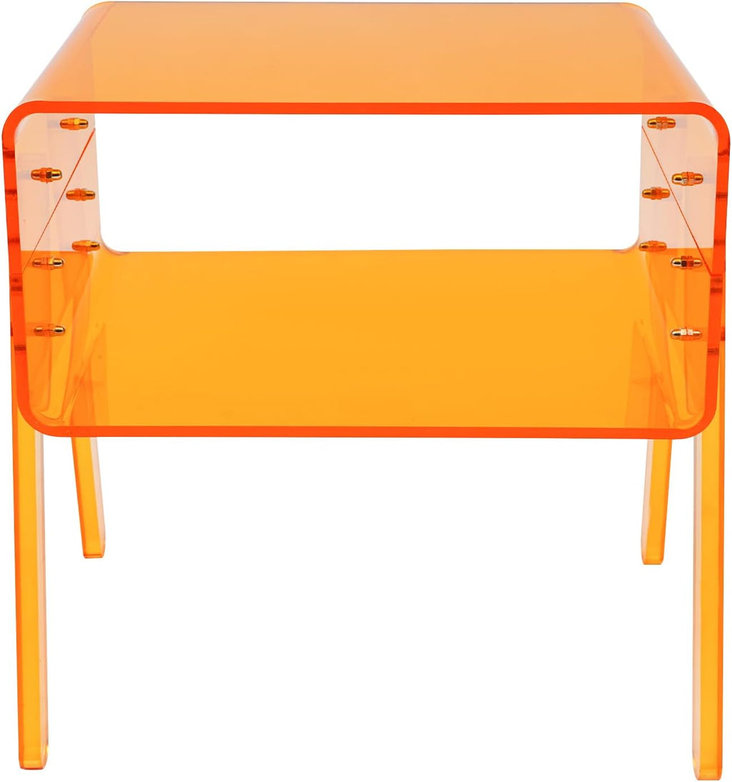 Acrylic Side Table, 2-Tier End Table with Open Storage, Modern Nightstand for Small Spaces, Easy-Clean Bedside Table for Living Room Bedroom Office (Orange)