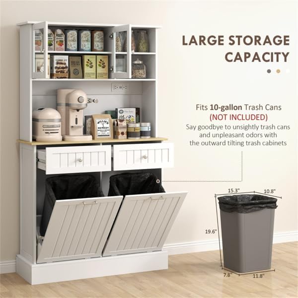 Freestanding Kitchen Storage Cabinet with Drawers, Adjustable Shelves, Glass Doors & Tilt-Out Cabinets – Tall Pantry Organizer for Kitchen, Bathroom, or Laundry Room (White)