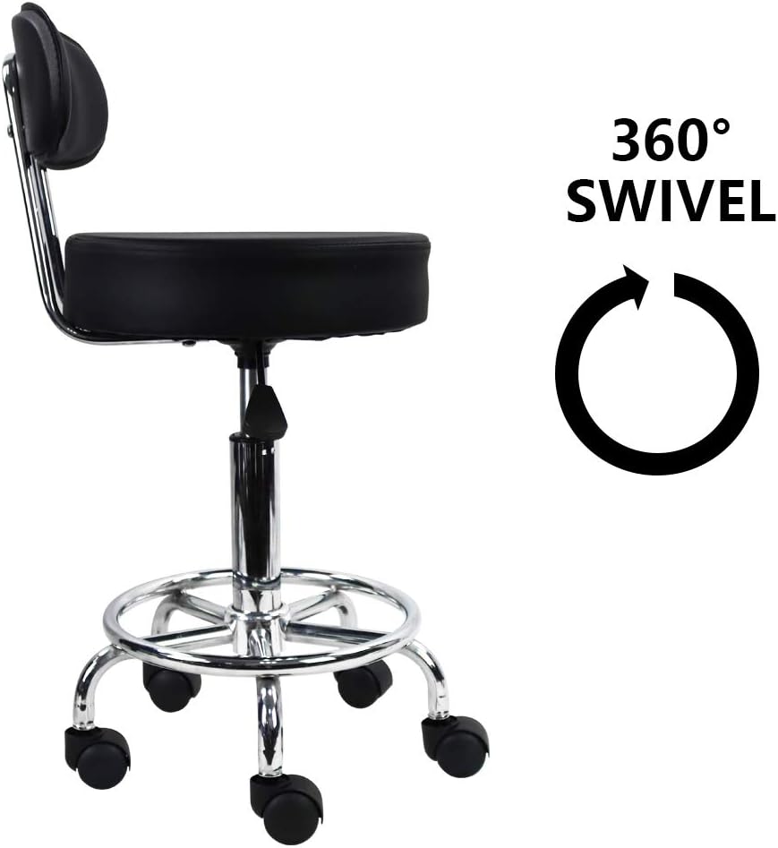 KKTONER PU Leather Rolling Stool Mid-Back with Footrest Height Adjustable Office Computer Home Drafting Swivel Task Chair with Wheels (Black)
