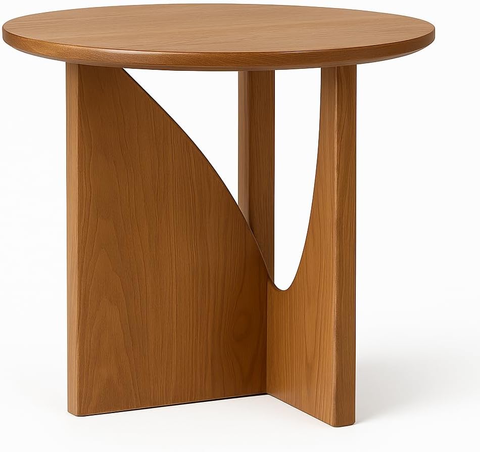 Solid Wood Round Side Table with Battery-Operated Light, Mid-Century Modern End Table, Light Walnut Nightstand for Bedroom & Living Room, 19” x 20”