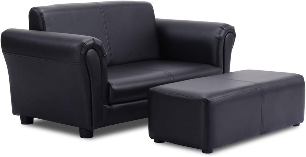Costzon Kids Couch with Footstool, 2 in 1 Double Seat Children's Sofa w/PU Leather Surface, Armrest Chair Lounge, Soft Kids Sofa for Preschool Bedroom Kids Room Toddlers Boys Girls Birthday (Black)