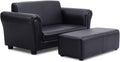 Costzon Kids Couch with Footstool, 2 in 1 Double Seat Children's Sofa w/PU Leather Surface, Armrest Chair Lounge, Soft Kids Sofa for Preschool Bedroom Kids Room Toddlers Boys Girls Birthday (Black)