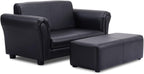 Costzon Kids Couch with Footstool, 2 in 1 Double Seat Children's Sofa w/PU Leather Surface, Armrest Chair Lounge, Soft Kids Sofa for Preschool Bedroom Kids Room Toddlers Boys Girls Birthday (Black)