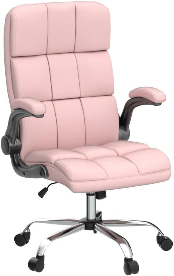 Pink Office Chair Home Office Chair Ergonomic Executive Chair Frabic Computer Desk Chair, High Back Adjustable Tilt Angle and Flip up Arms and Thick Padding for Back Support