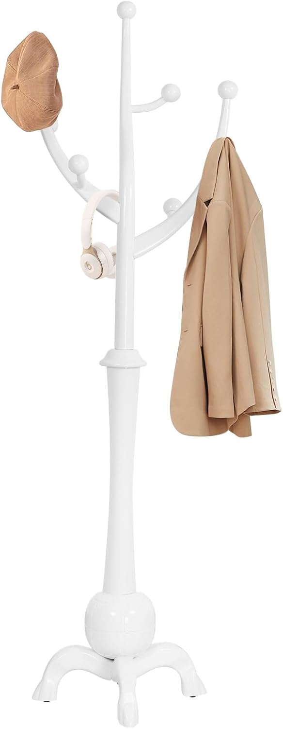 Wooden Coat Rack Freestanding Coat Tree with 8 Hooks, White | Stable Sphere Base, Heavy Duty Standing Coat Hanger for Entryway, Hallway, Bedroom, Coats, Hats, Bags