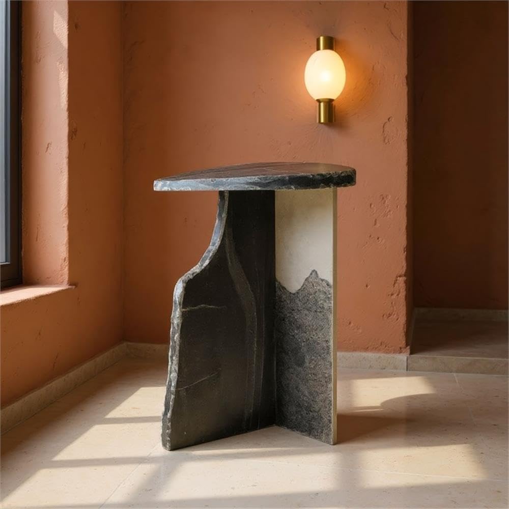 Pemberly Row Modern Marble Side Table, Black Finish, 15.9" W x 11" D x 24" H, Natural Marble and Iron Construction, Durable Design with Rubber Feet, Living Room or Bedroom Accent Furniture