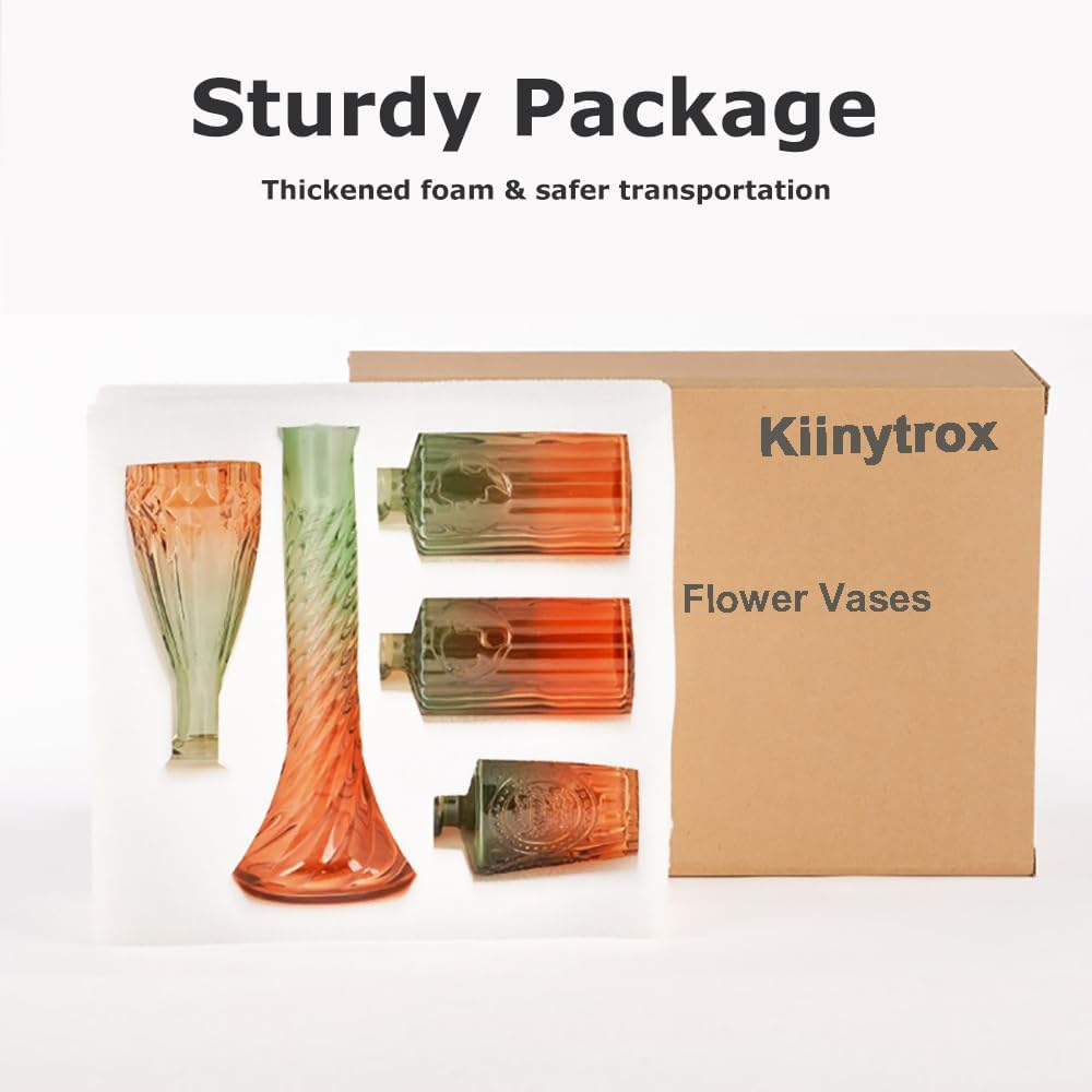 Glass Bud Vases Set of 5, Decorative Glass Bottles, Retro Gradient Color | Mini Vases for Tabletop Centrepiece Decor, Wedding Party Reception, Home Dining, Cafe, Restaurant(Orange to Green)