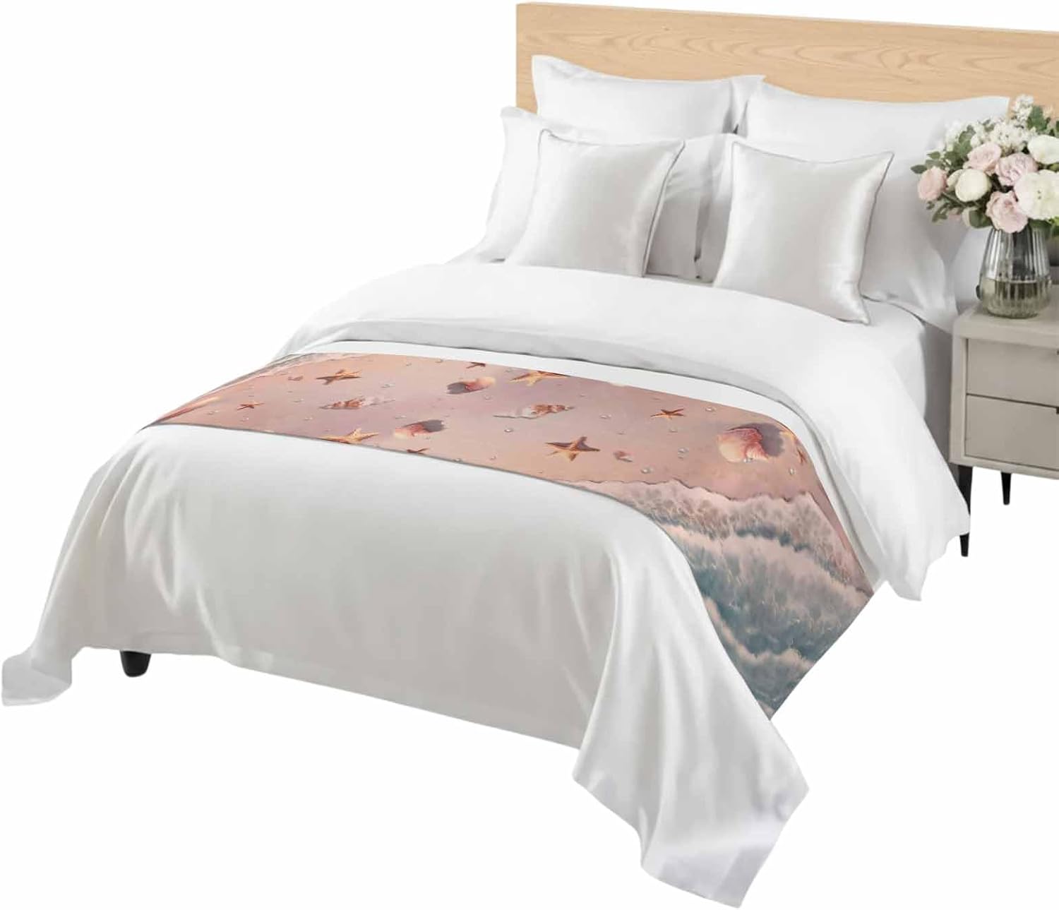 Summer Beaches Bed Runner for King Size Bed, 102"x20" Nautical Ocean Pink Wave Sea Nut Starfish Pearl Luxury Bed Runners & Scarves Decorative Bedding Scarf Protector Slipcover for Home Hotel