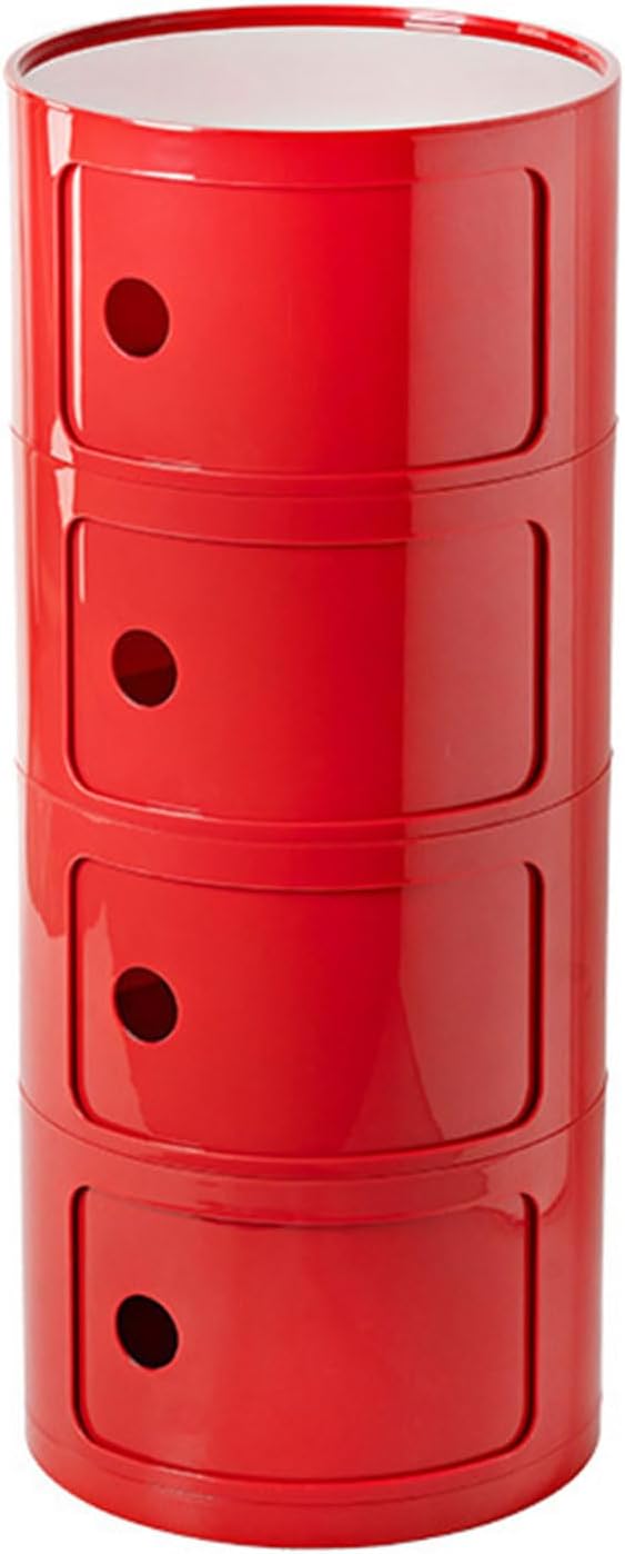 Round Nightstand with Drawers, Round Bedside Table 2/3/4 Tier Plastic Nightstand Storage, RoundStorage Cabinet with Sliding Door, Modern End Table Side Table for Bedroom (Red, 4 Tier)