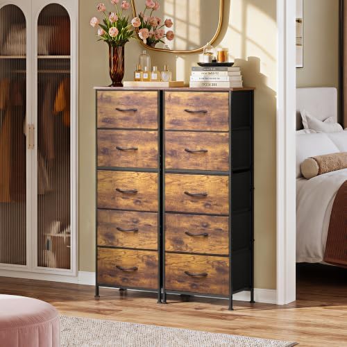 WLIVE Fabric Dresser for Bedroom, 5-Drawer Tall Dressers, Storage Organizer with Fabric Bins, Wood Top, Sturdy Steel Frame, Chest of Drawers for Closet, Hallway, Rustic Brown Wood Grain Print