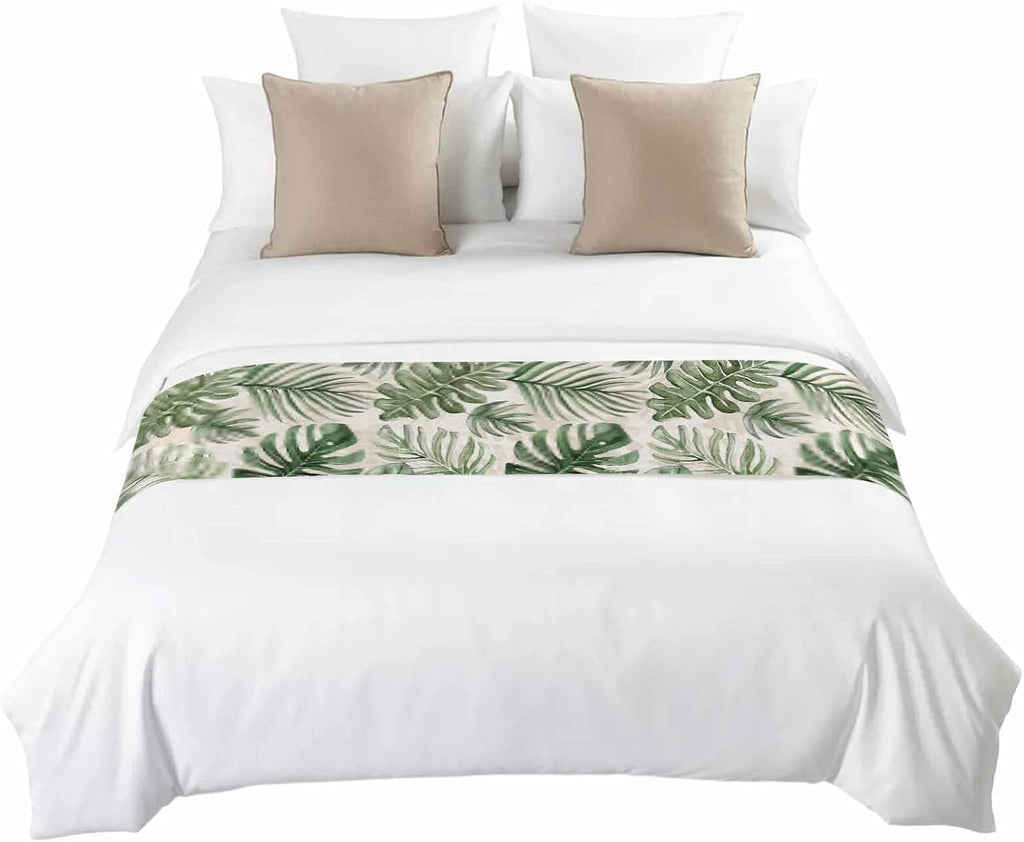 Green Monstera Deliciosa Bed Runner Scarf Cal King Size, Summer Botanical Tropical Vintage Luxury Bed Throw Runners & Scarves for Twin Full Queen King Foot of Beds, Bedroom Decoration, 102"x20"