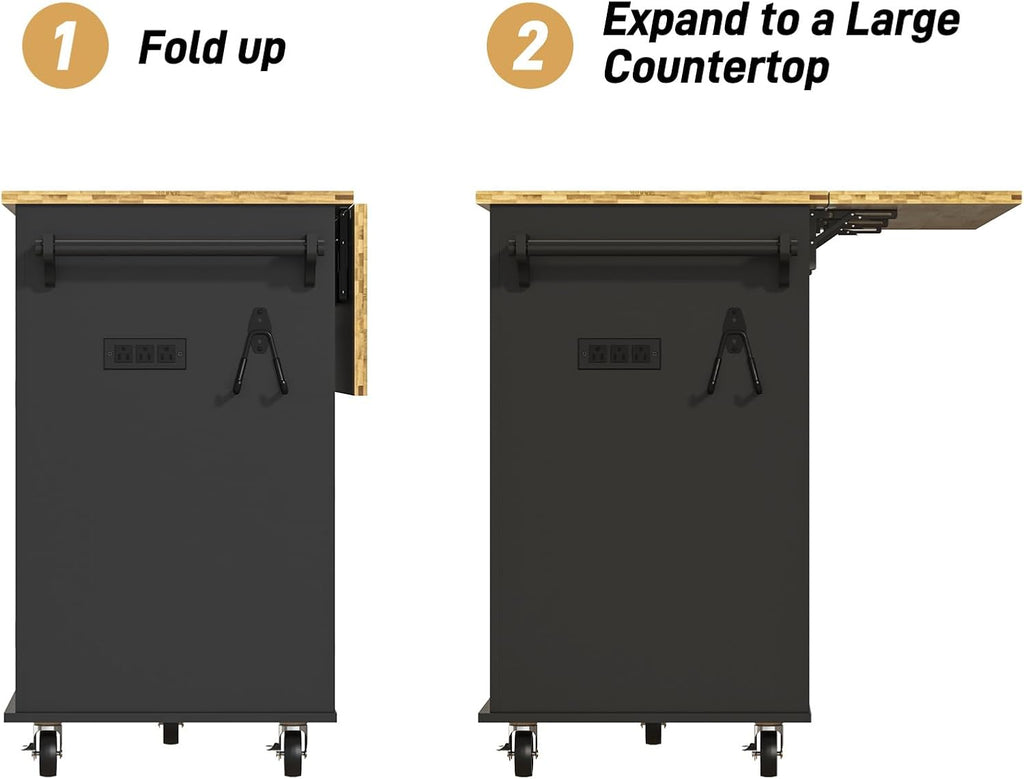 Gitua 59" W Rolling Kitchen Island with Drop Leaf, Movable Kitchen Carts on Wheels Island with Storage Cabinet&Charging Station, Island Table for Kitchen w/Rubber Wood Top, Rack, Hook, Drawers, Black