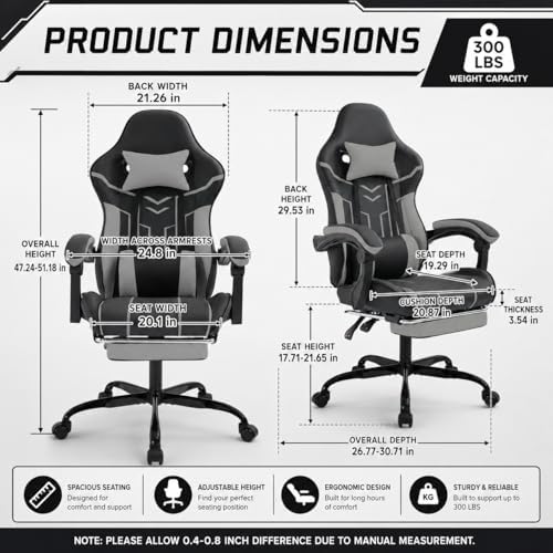 Gaming Desk Chair for Adults, Ergonomic Gaming Chair with Footrest & Headrest and Lumbar Support, Leather Material Height Adjustable Computer Video Game Chairs (Black+Gray)