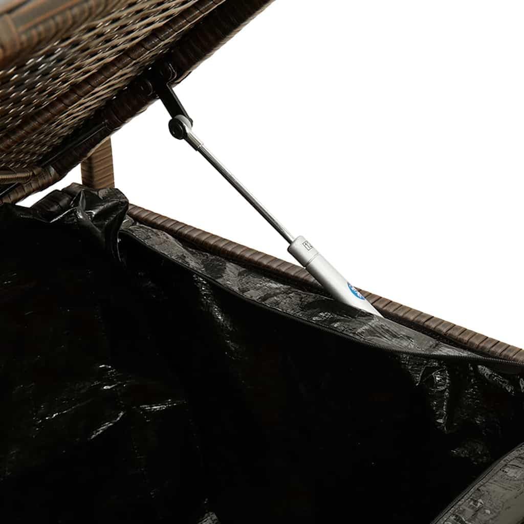 Patio Storage Bench with Cushion, Brown Poly Rattan Outdoor Seat with Waterproof Storage Bag and Gas Spring Lid