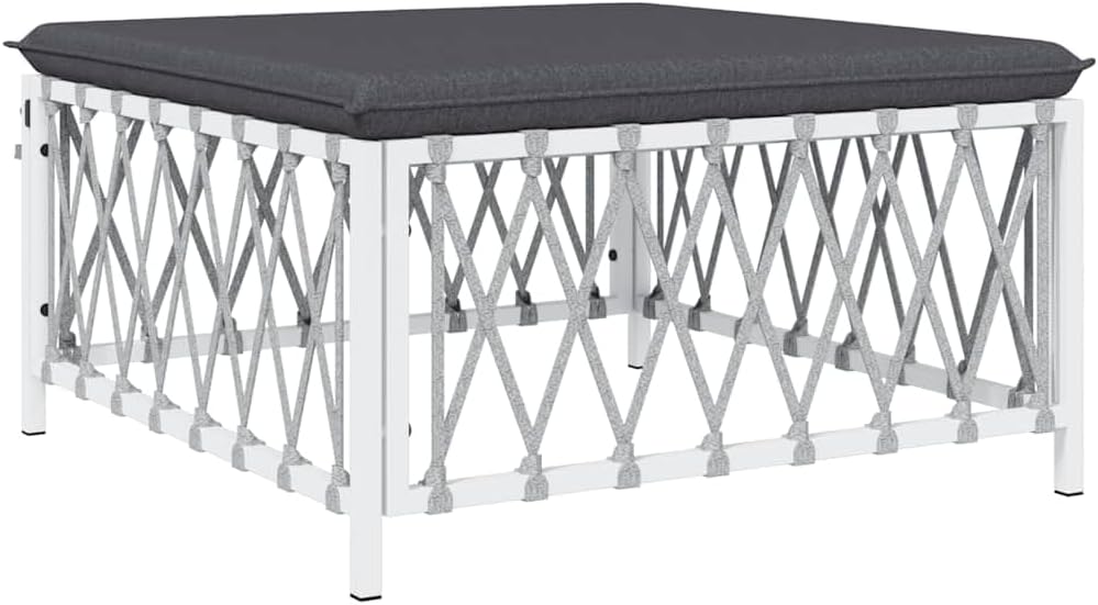 Patio Footstool with Cushion, White Woven Fabric Garden Ottoman, Powder-Coated Steel Frame, Thickly Padded Seat, Modular Design for Outdoor Lounge