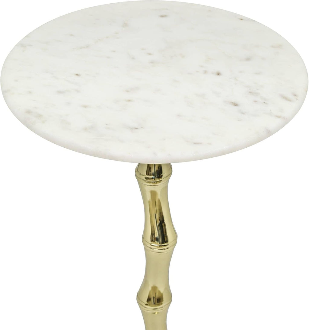 Gold Side Table with White Marble Top | Decorative Modern End Table | Bamboo Shape Aluminum Base | Accent Table for Living Room Decor | 14x14x23.5