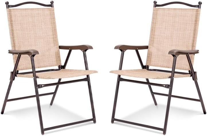 2-Pack Modern Folding Sling Back Deck Chairs in Beige Textile Fabric with Steel Frame & Plastic Feet, 20x24x38in, UV-Resistant for Outdoor Use