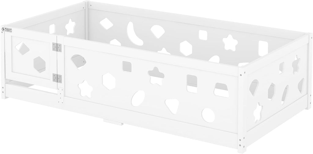 Twin Size Floor Bed with Heightened Safety Guardrails and Door, Solid Wood Bede with Rails for Girls, Boys, Teens, Child Bedroom, Playroom, No Slats Included, White