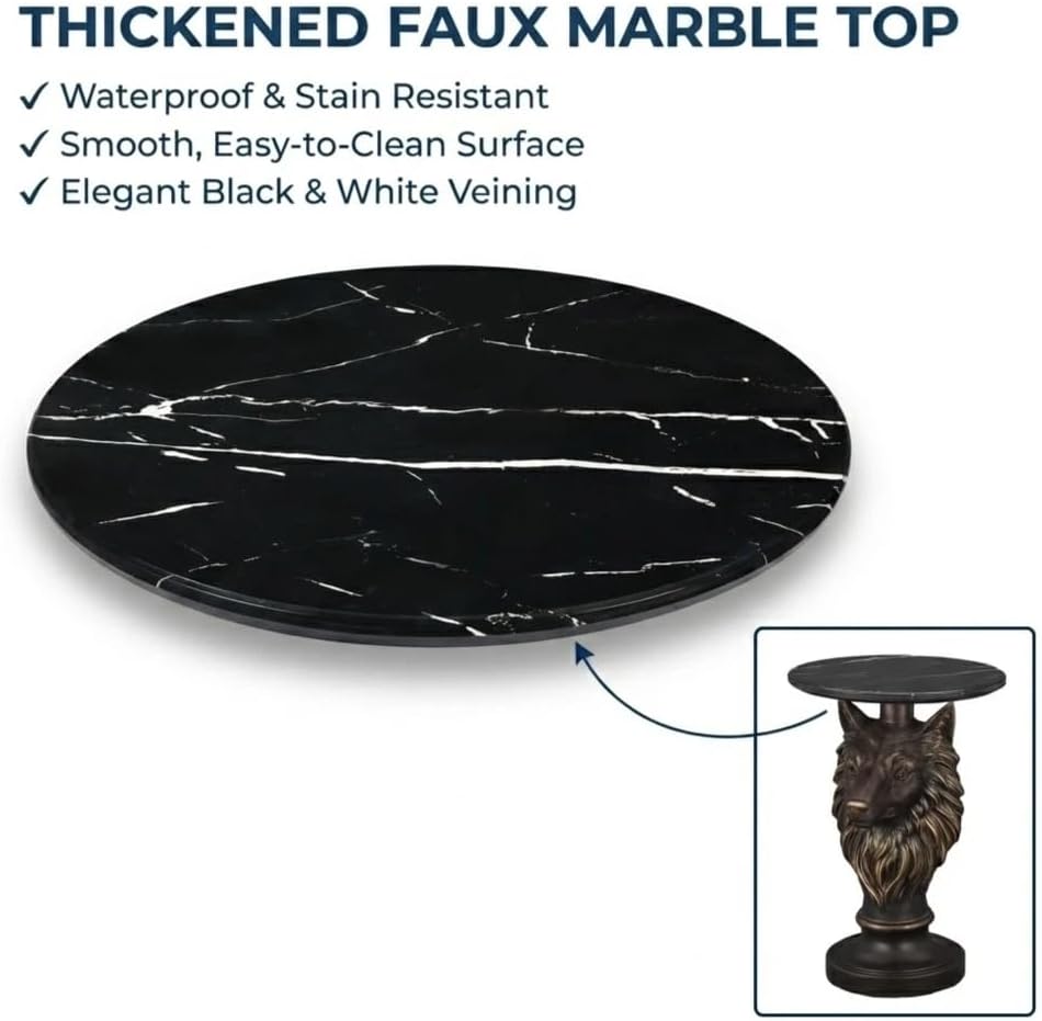 18" Wolf Head Sculptured Side Table,Round Side Table with Bronze Finish,Modern End Tables with Marble Top,Corner Accent Tables for Living Room,Entryway,Reading Nook,Easy Assembly