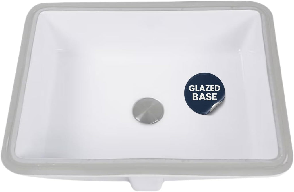 Nantucket Sinks GB-17x13-W Undermount Bathroom Sink – 17"x13" Rectangular White Bowl Bath Vanity Sink, Glazed Bottom for Open Console, w Overflow – Ceramic, High Gloss, Stain & Scratch Resistant