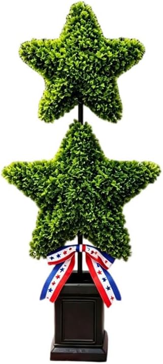 Patriotic Star Topiary Tree, Artificial Boxwood, 4th of July Memorial Day Indoor Outdoor Centerpiece Decor (Large)