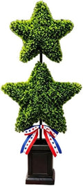 Patriotic Star Topiary Tree, Artificial Boxwood, 4th of July Memorial Day Indoor Outdoor Centerpiece Decor (Large)