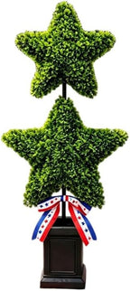 Patriotic Star Topiary Tree, Artificial Boxwood, 4th of July Memorial Day Indoor Outdoor Centerpiece Decor (Large)