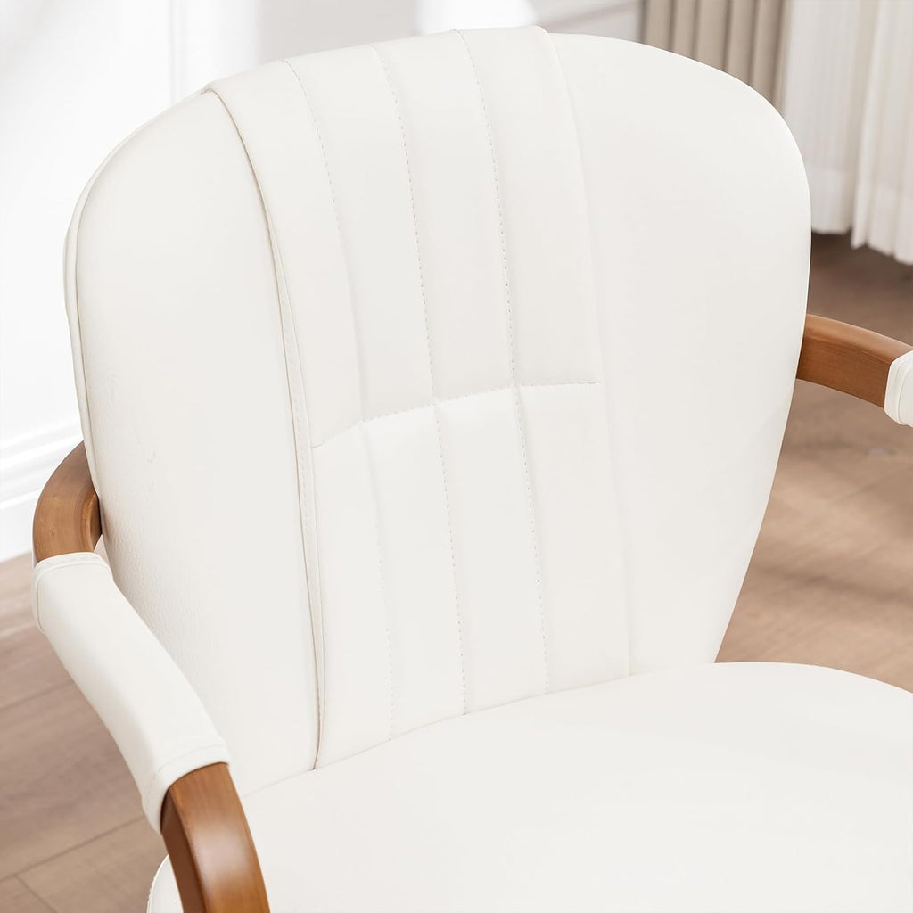 Swivel Dining Chairs Set of 4 Mid Century Modern White Faux Leather Upholstered Kitchen Chairs with Bentwood Frame Armrests Side Chairs,Comfortable Ergonomic Wood Accent Chair No Wheels