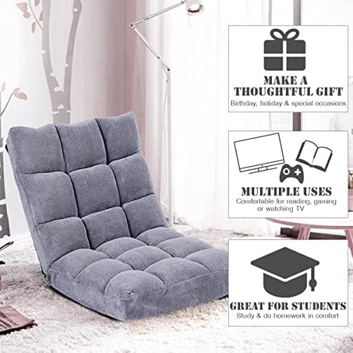 Giantex Floor Chairs for Adults - Floor Gaming Chair with Back Support, 14 Adjustable Position, Coral Velvet Cover and Thick Sponge Padding, Floor Seating Lounge for Reading, Watching TV (Silver Grey)