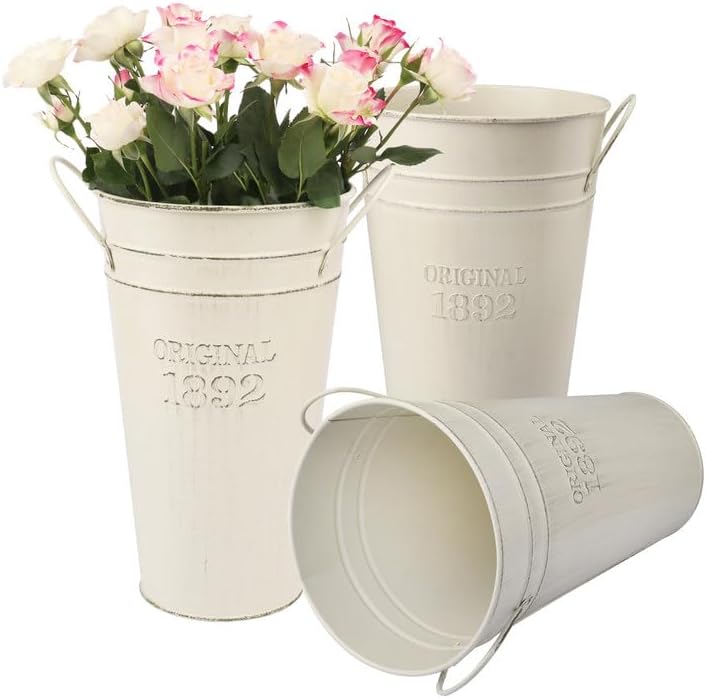 3 PCS 12 Inch Rustic Galvanized Flower Vases, Farmhouse French Buckets for Beautiful Floral Arrangements, Home Decor or Weddings and Events