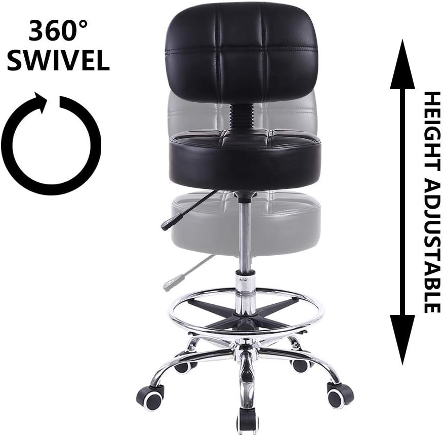 KKTONER Swivel Round Rolling Stool PU Leather with Adjustable Foot Rest Height Adjustable Task Work Drafting Chair with Back (Black)