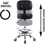 KKTONER Swivel Round Rolling Stool PU Leather with Adjustable Foot Rest Height Adjustable Task Work Drafting Chair with Back (Black)