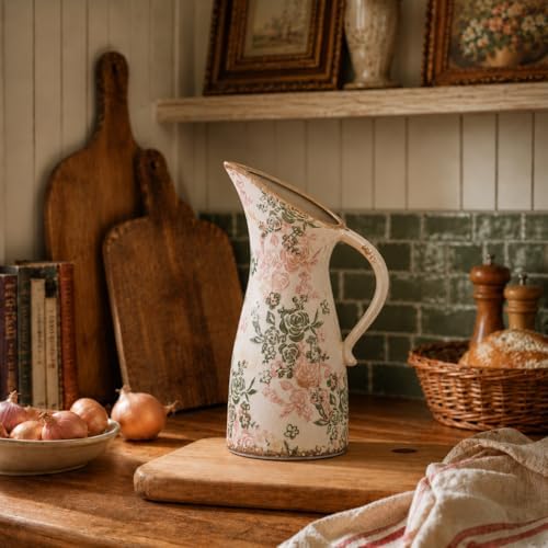 Vintage Ceramic Pitcher Vase with Handle 10.5”, Green & Pink Floral Farmhouse Vase, Chinoiserie Decorative Centerpiece for Living Room, Bookshelf