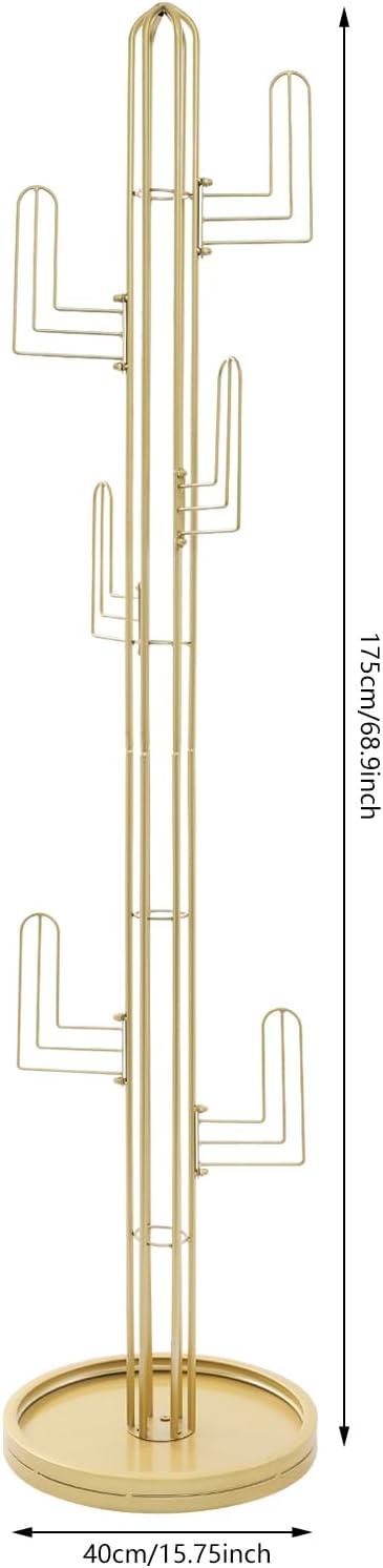 Cactus Shape Clothing Stand, Freestanding Coat Rack With 6 Hooks, 22 lbs Capacity Modern Metal Coat Racks with Round Base for Entry Hallway Bedroom Hats Bags Umbrellas (Gold)