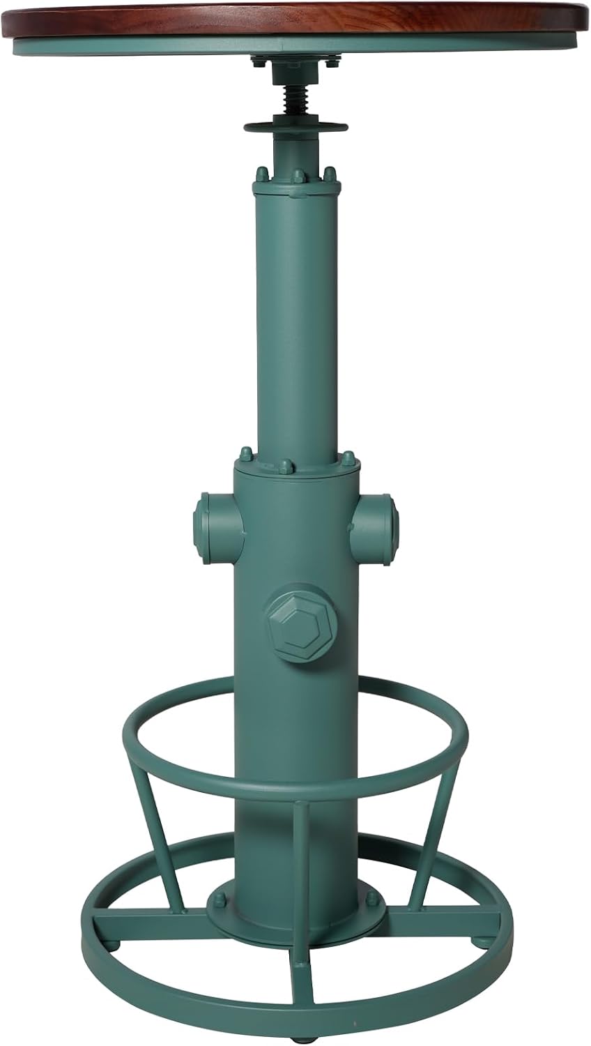 Industrial Bar Table with Round Solid Pine Wood Top, Adjustable Height 38.6-42.5in, Fire Hydrant Design, 360° Swivel, Green