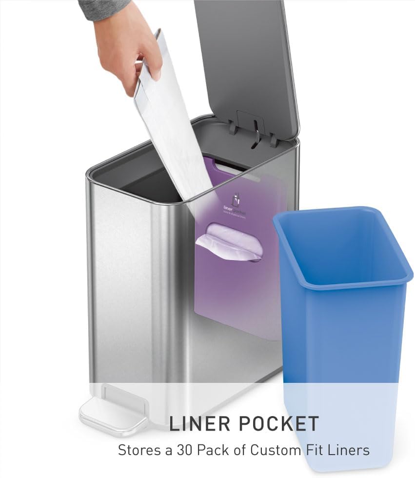 simplehuman Slim Step Can, 5L / 1.3 Gallon Compact Bathroom Trash Can, Liner Pocket®, Sleek Internal Hinge, 150,000-Step All-Steel Pedal, Lid Shox® Silent Close, Brushed Stainless Steel