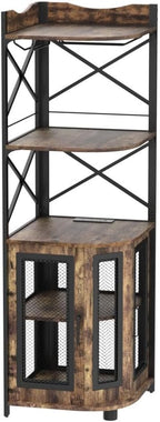 Aheaplus Corner Bar Cabinet with Power Outlet, Industrial Wine Cabinet with LED Strip and Glass Holder, 5-Tiers Liquor Cabinet Bar Unit for Home, Corner Display Cabinet for Small Space, Rustic Brown