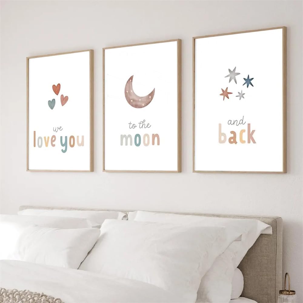 3 Pieces We Love You To The Moon And Back Poster Prints Wall Art Canvas Painting Framed Artwork for Living Room Above Crib Nursery Decoration with Inner Frame