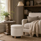 Homepop Home Decor | Upholstered Round Storage Ottoman | Ottoman with Storage for Living Room & Bedroom, White Woven Stripe