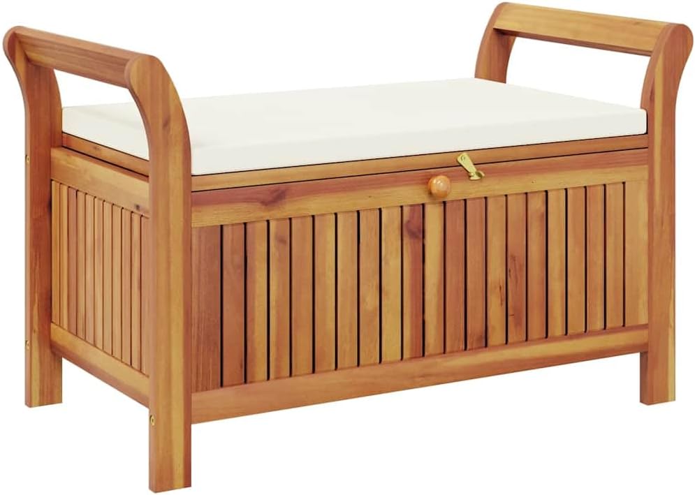 Natural Wood Acacia Garden Storage Bench for Two People with Cushion and Patio Seating