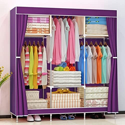 Wardrobe Canvas Wardrobe Fabric Wardrobe Foldable Clothes Closet Storage Organizer with Hanging Rail,Wardrobe Shelves for Bedroom,Purple-105x46x156cm